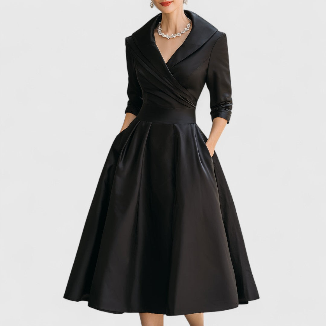 Women's V-Neck Midi Dress with Flared Skirt - Navy | Autumn - Black