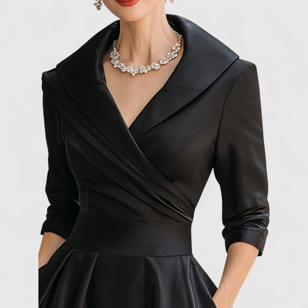 Women's V-Neck Midi Dress with Flared Skirt - Navy | Autumn