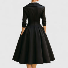 Women's V-Neck Midi Dress with Flared Skirt - Navy | Autumn