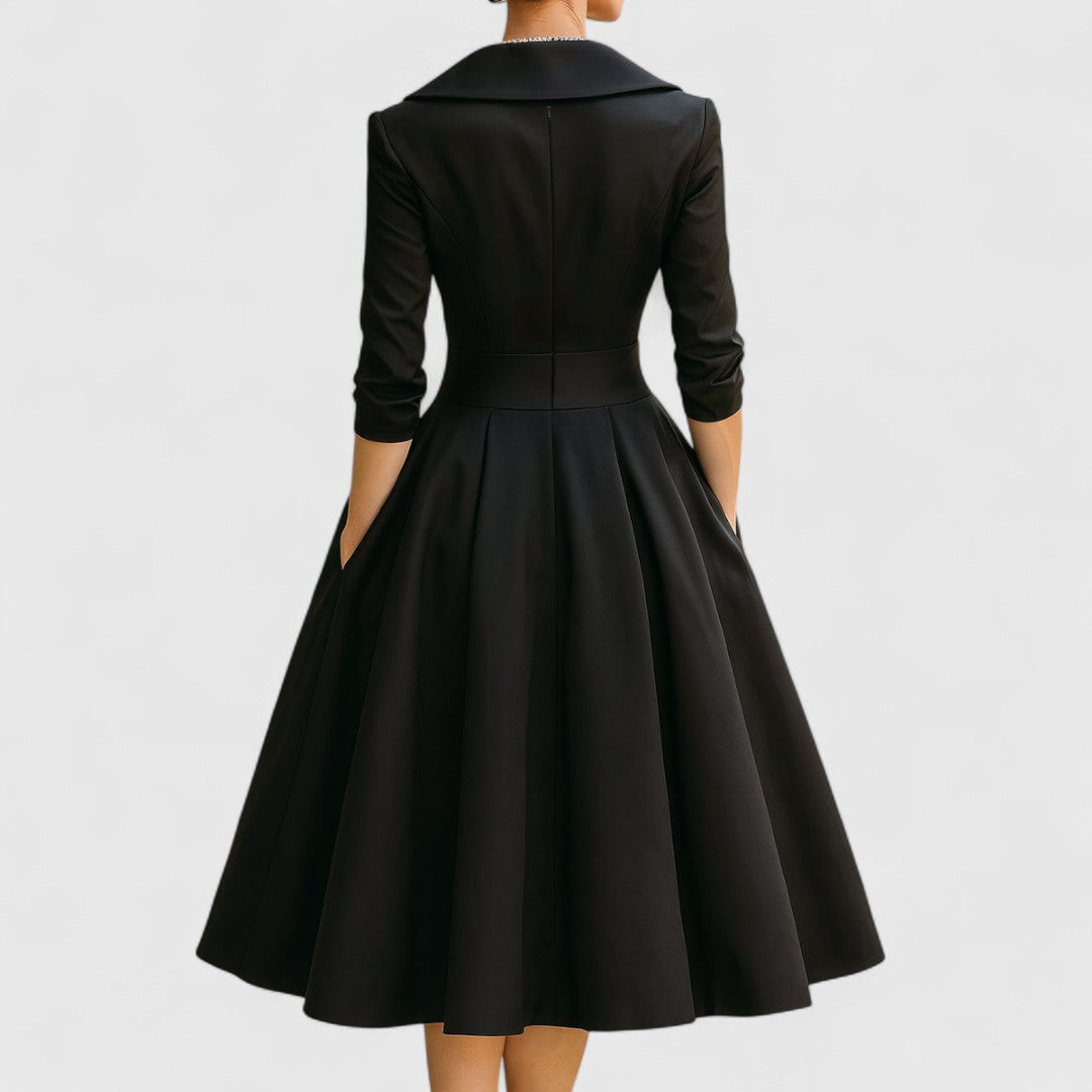 Women's V-Neck Midi Dress with Flared Skirt - Navy | Autumn