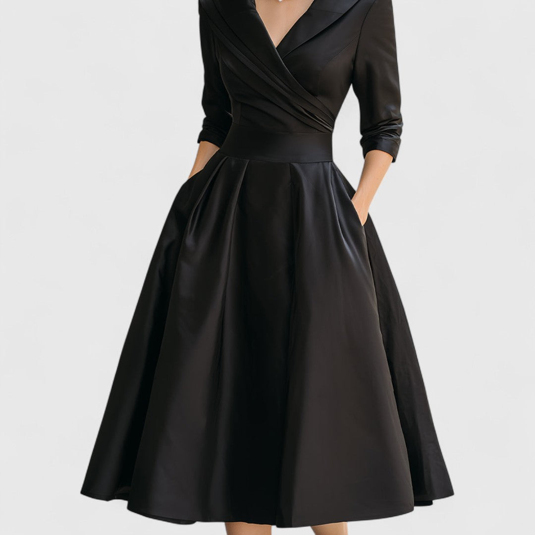 Women's V-Neck Midi Dress with Flared Skirt - Navy | Autumn