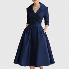 Women's V-Neck Midi Dress with Flared Skirt - Navy | Autumn - Navy
