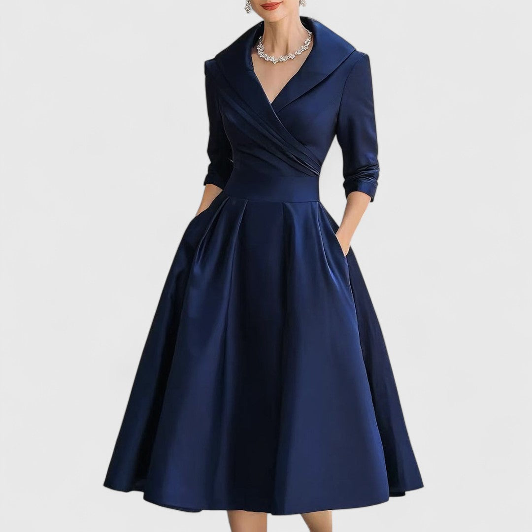 Women's V-Neck Midi Dress with Flared Skirt - Navy | Autumn - Navy