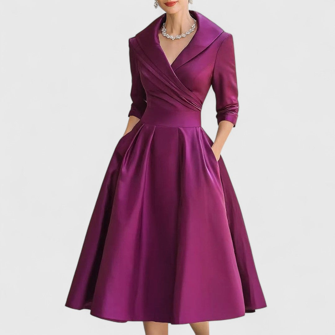 Women's V-Neck Midi Dress with Flared Skirt - Navy | Autumn - Purple