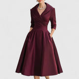 Women's V-Neck Midi Dress with Flared Skirt - Navy | Autumn - Red