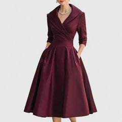 Women's V-Neck Midi Dress with Flared Skirt - Navy | Autumn - Red