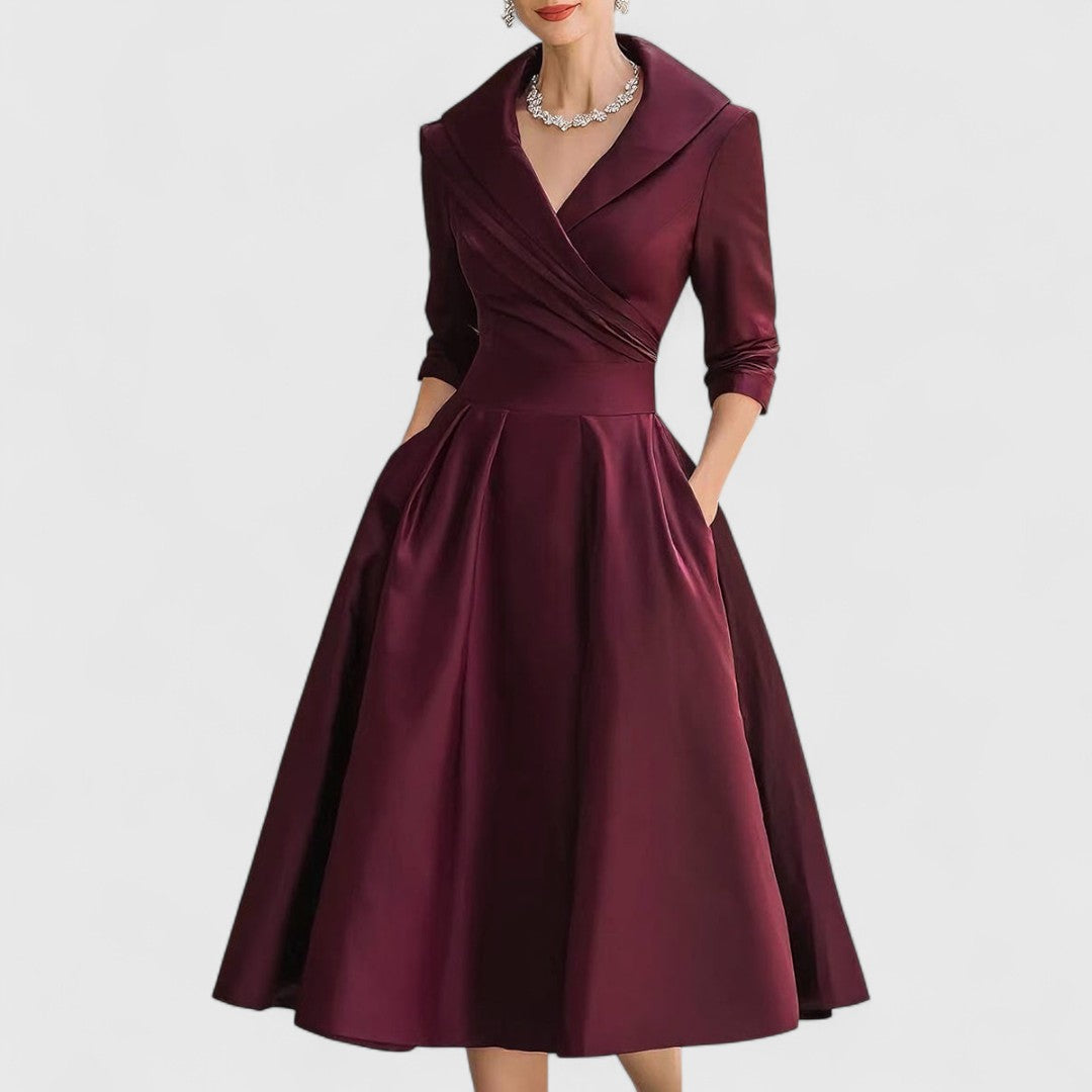 Women's V-Neck Midi Dress with Flared Skirt - Navy | Autumn - Red