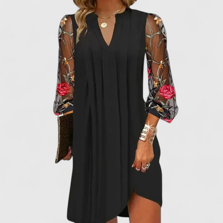 Women's V-Neck Mini Dress with Sheer Sleeves - Black | Autumn - Black