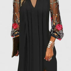 Women's V-Neck Mini Dress with Sheer Sleeves - Black | Autumn