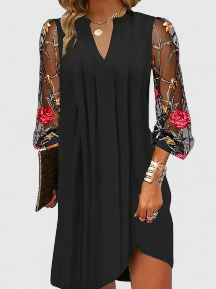 Women's V-Neck Mini Dress with Sheer Sleeves - Black | Autumn