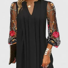 Women's V-Neck Mini Dress with Sheer Sleeves - Black | Autumn