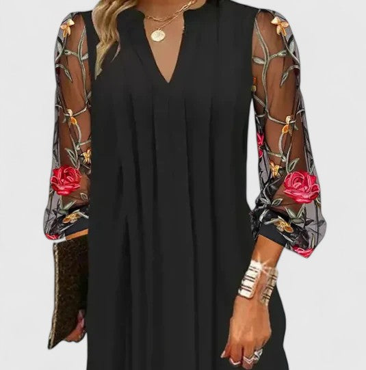 Women's V-Neck Mini Dress with Sheer Sleeves - Black | Autumn