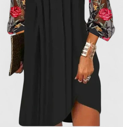 Women's V-Neck Mini Dress with Sheer Sleeves - Black | Autumn