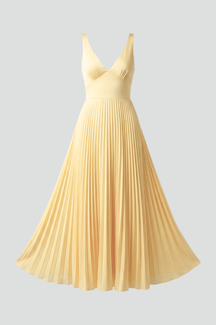 Women's V-Neck Pleated Maxi Dress - Yellow | Spring