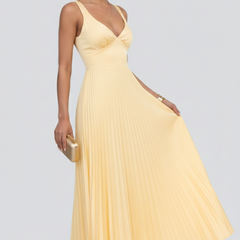 Women's V-Neck Pleated Maxi Dress - Yellow | Spring