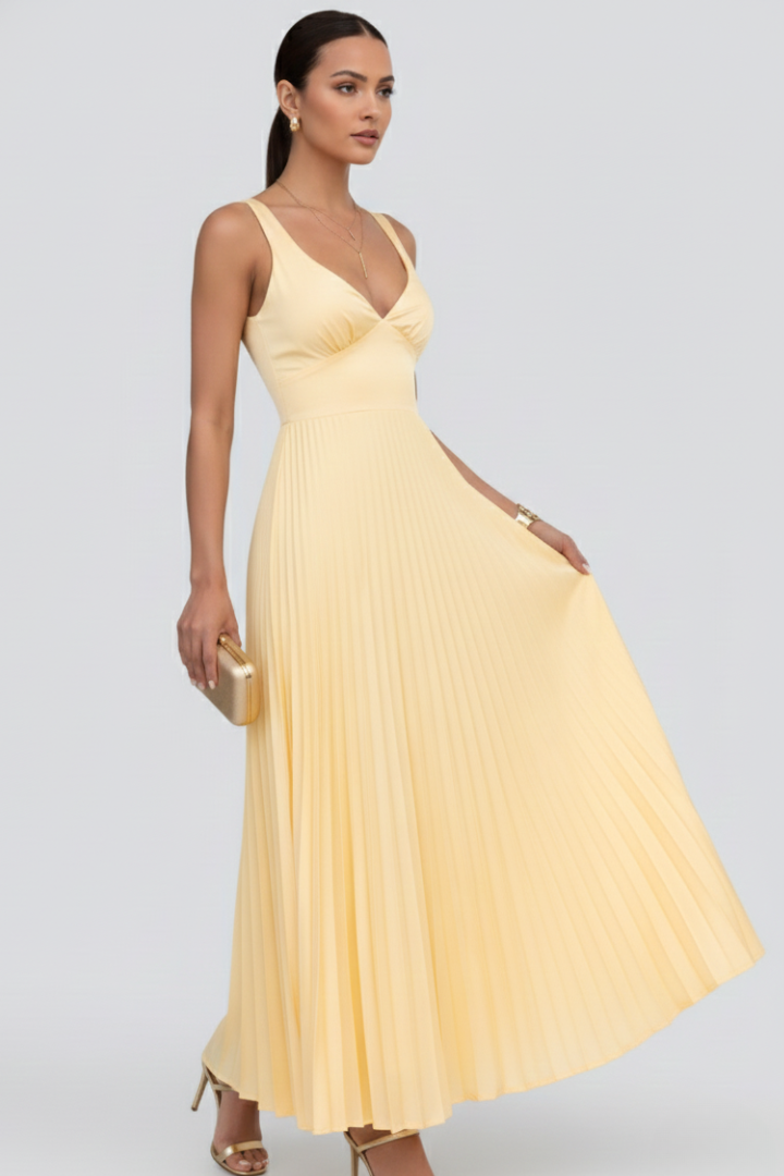 Women's V-Neck Pleated Maxi Dress - Yellow | Spring