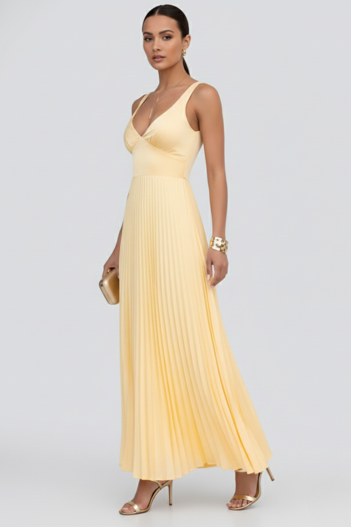 Women's V-Neck Pleated Maxi Dress - Yellow | Spring