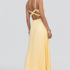 Women's V-Neck Pleated Maxi Dress - Yellow | Spring