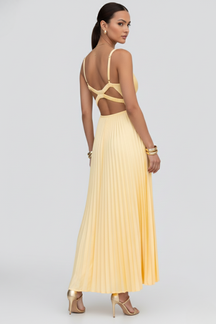 Women's V-Neck Pleated Maxi Dress - Yellow | Spring