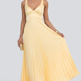 Women's V-Neck Pleated Maxi Dress - Yellow | Spring - Yellow
