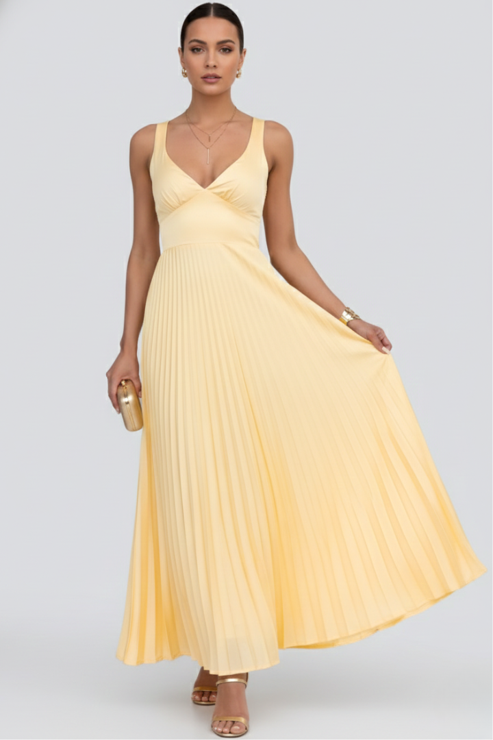 Women's V-Neck Pleated Maxi Dress - Yellow | Spring - Yellow