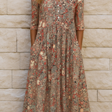 Women's V-Neck Print Midi Dress - Elegant Flowing Style | Spring - Beige