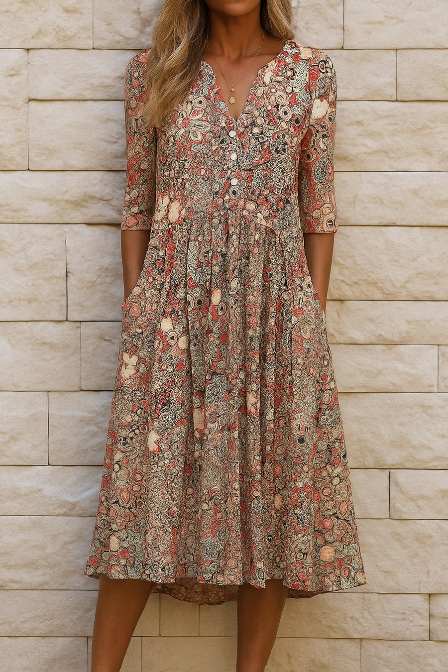 Women's V-Neck Print Midi Dress - Elegant Flowing Style | Spring - Beige