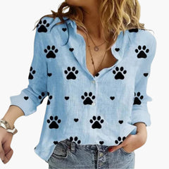 Women's V-Neck Printed Blouse | Long Sleeves | Summer - Light Blue Black Dots