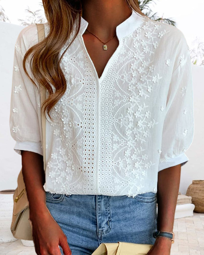 Women's V-Neck Puff Sleeve Blouse - Summer Essential