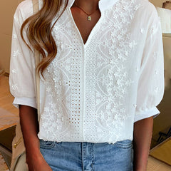Women's V-Neck Puff Sleeve Blouse - Summer Essential - White