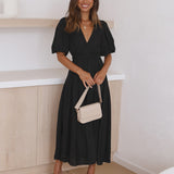 Women's V-Neck Puff Sleeve Midi Dress - Smocked Waist | Spring - Black