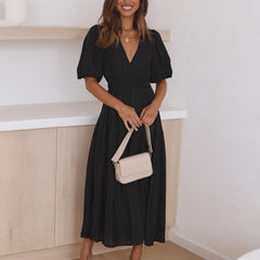 Women's V-Neck Puff Sleeve Midi Dress - Smocked Waist | Spring - Black