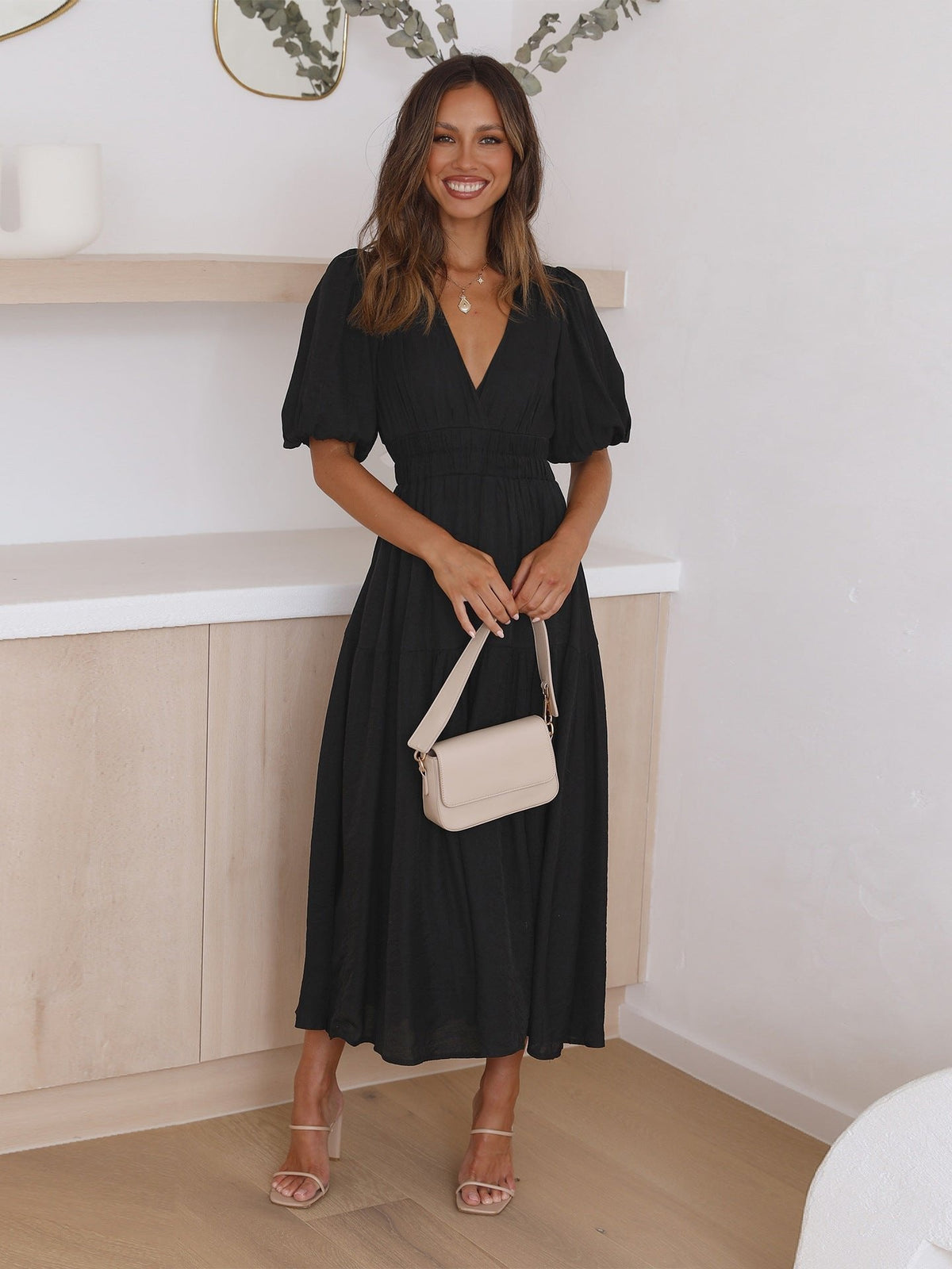 Women's V-Neck Puff Sleeve Midi Dress - Smocked Waist | Spring - Black