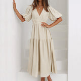 Women's V-Neck Puff Sleeve Midi Dress - Smocked Waist | Spring - Cream