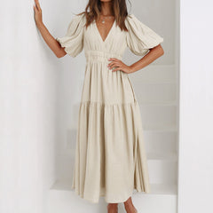 Women's V-Neck Puff Sleeve Midi Dress - Smocked Waist | Spring - Cream
