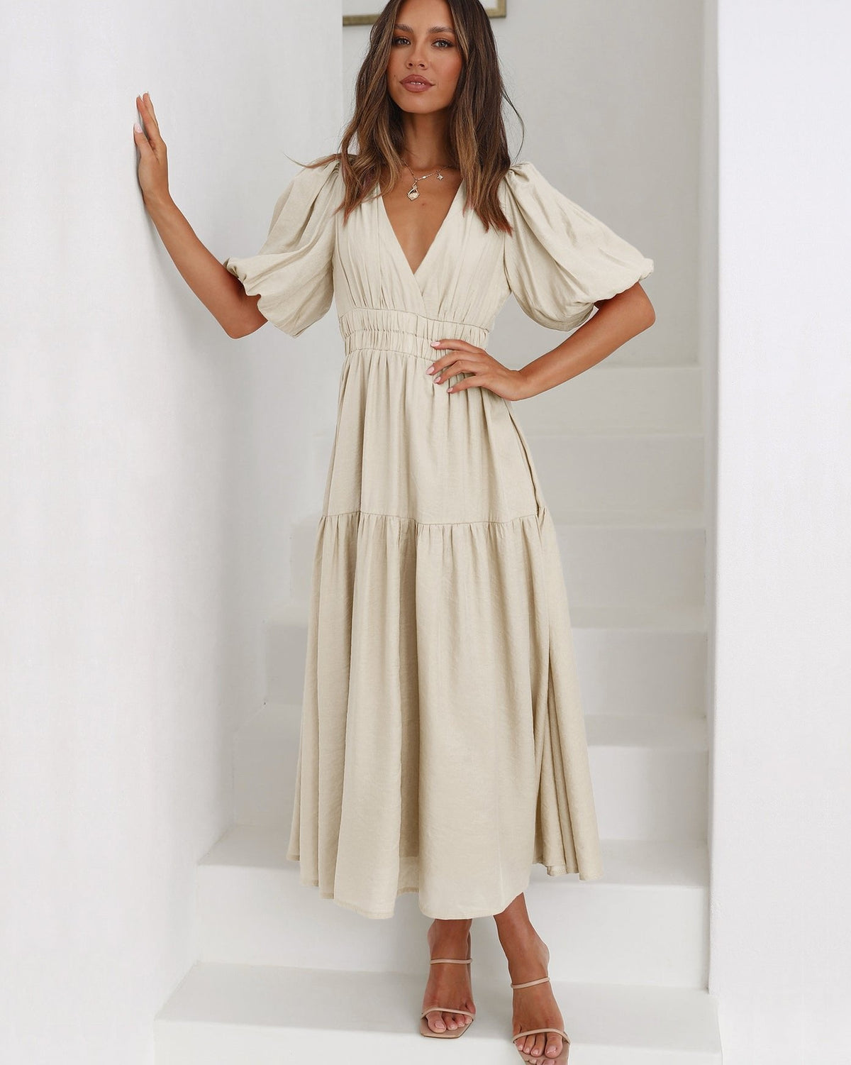 Women's V-Neck Puff Sleeve Midi Dress - Smocked Waist | Spring - Cream
