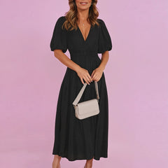 Women's V-Neck Puff Sleeve Midi Dress - Smocked Waist | Spring