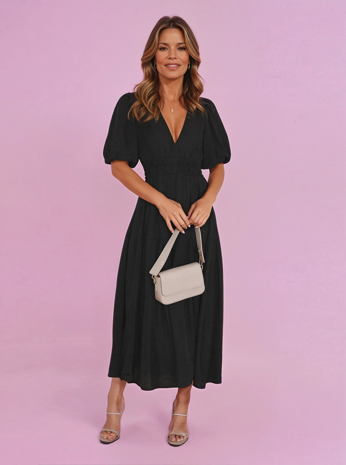 Women's V-Neck Puff Sleeve Midi Dress - Smocked Waist | Spring