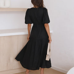 Women's V-Neck Puff Sleeve Midi Dress - Smocked Waist | Spring