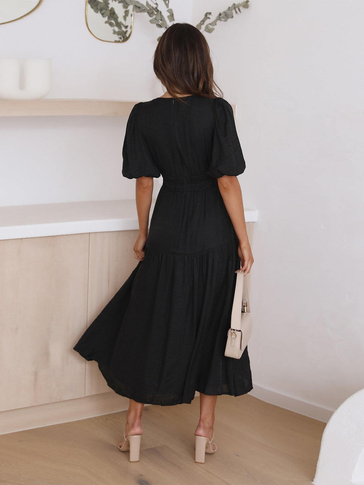 Women's V-Neck Puff Sleeve Midi Dress - Smocked Waist | Spring