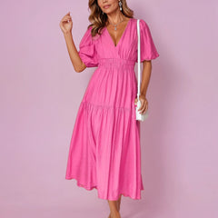 Women's V-Neck Puff Sleeve Midi Dress - Smocked Waist | Spring