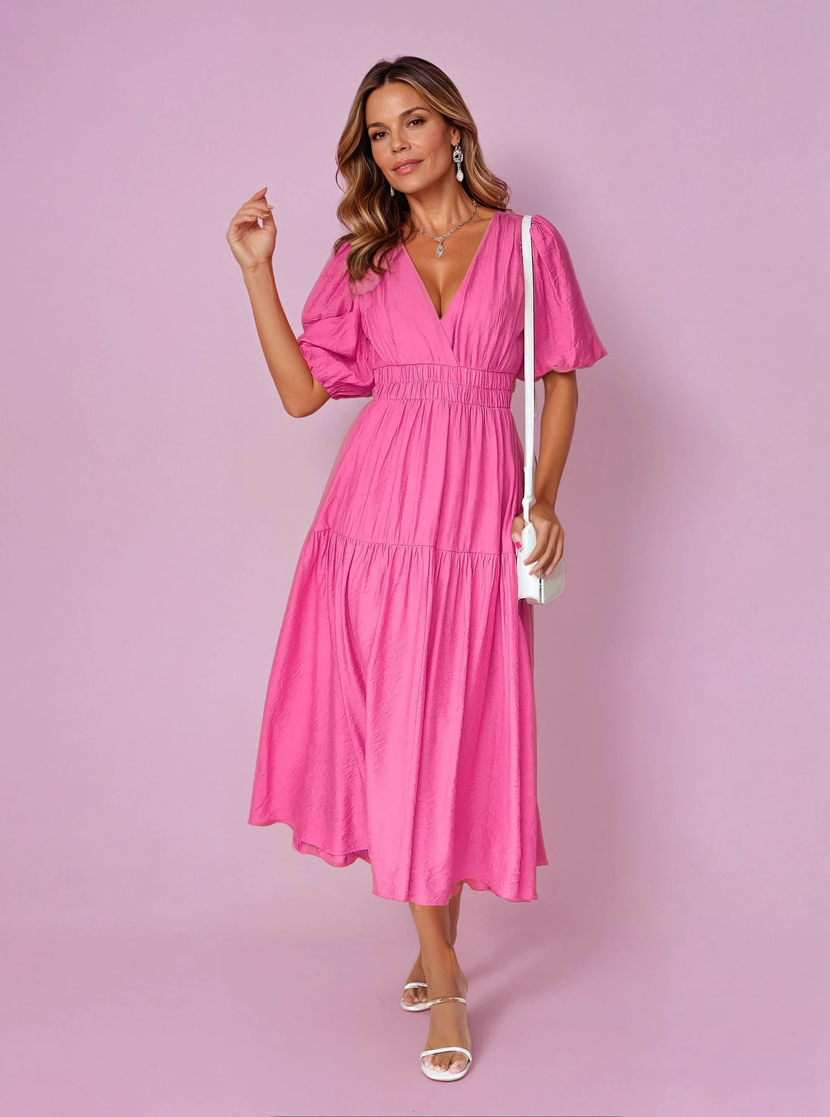 Women's V-Neck Puff Sleeve Midi Dress - Smocked Waist | Spring