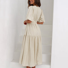 Women's V-Neck Puff Sleeve Midi Dress - Smocked Waist | Spring