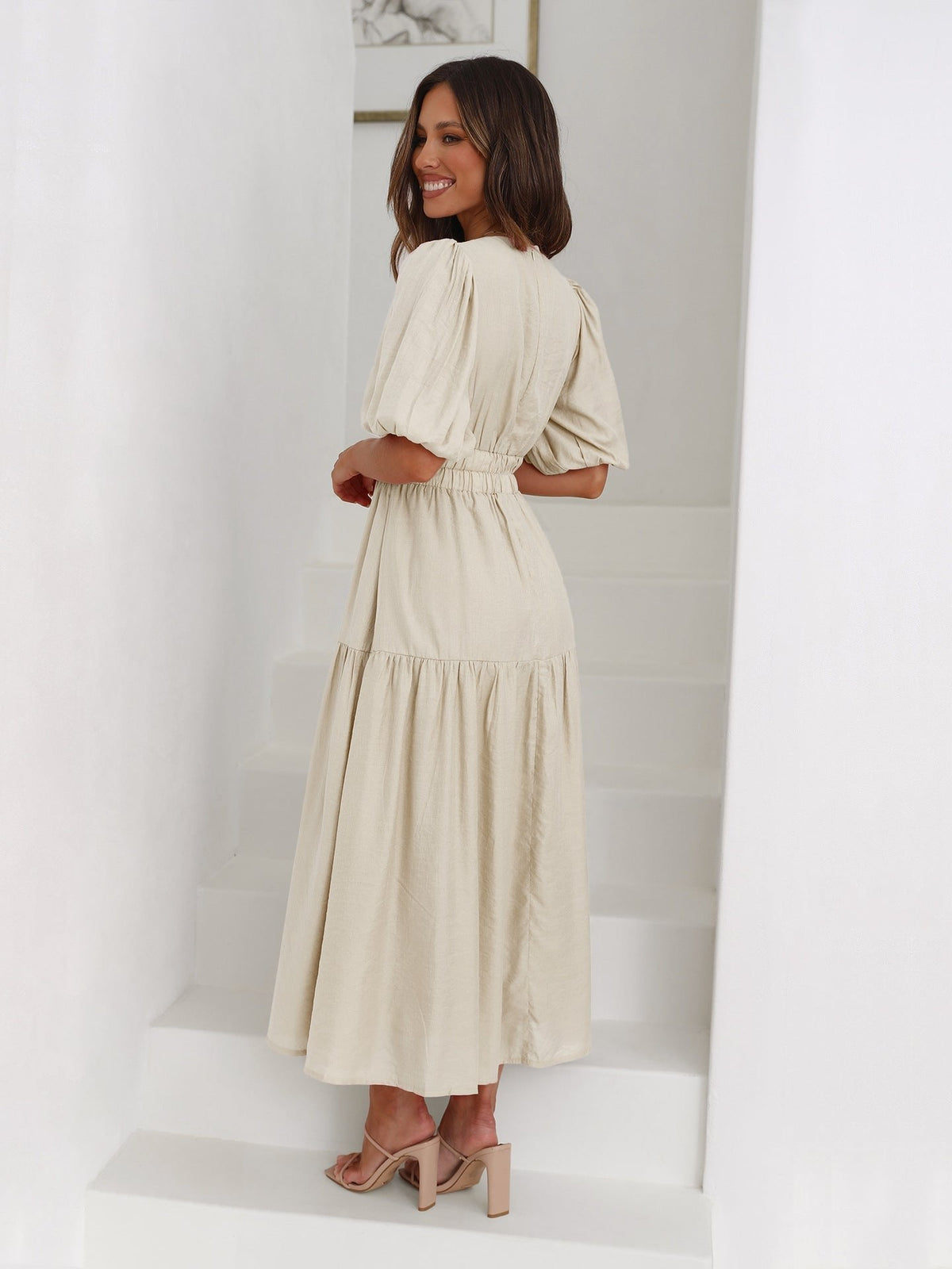 Women's V-Neck Puff Sleeve Midi Dress - Smocked Waist | Spring
