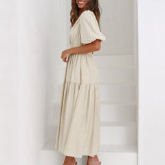 Women's V-Neck Puff Sleeve Midi Dress - Smocked Waist | Spring