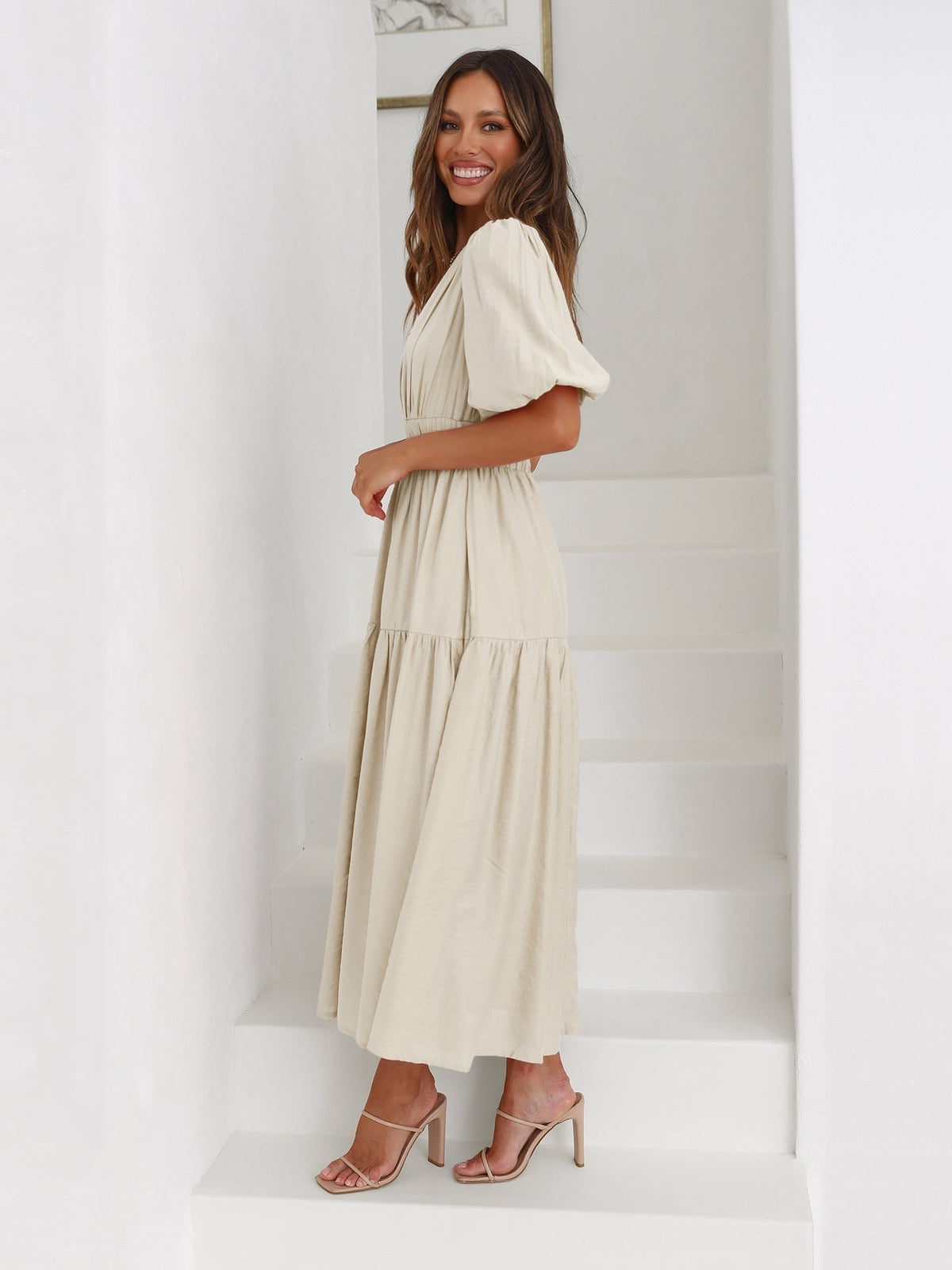 Women's V-Neck Puff Sleeve Midi Dress - Smocked Waist | Spring