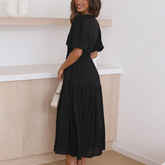 Women's V-Neck Puff Sleeve Midi Dress - Smocked Waist | Spring