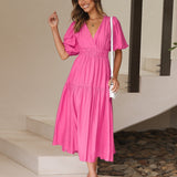 Women's V-Neck Puff Sleeve Midi Dress - Smocked Waist | Spring - Pink