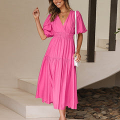 Women's V-Neck Puff Sleeve Midi Dress - Smocked Waist | Spring - Pink