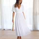 Women's V-Neck Puff Sleeve Midi Dress - Smocked Waist | Spring - White